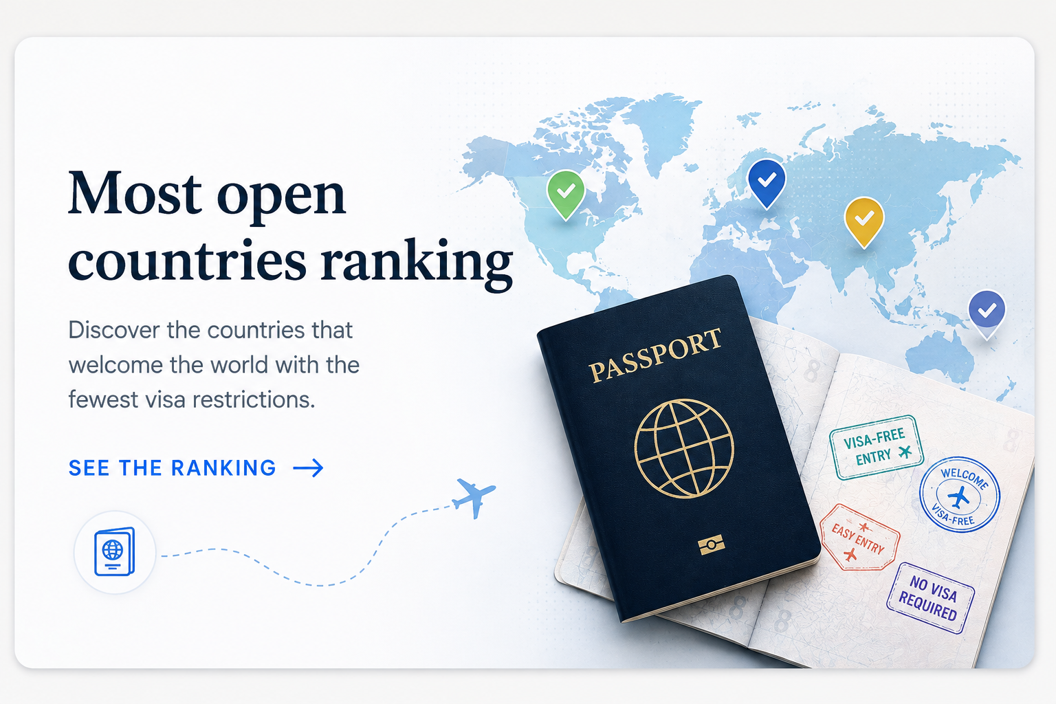 Most open countries ranking — passport and world map with visa-free entry stamps